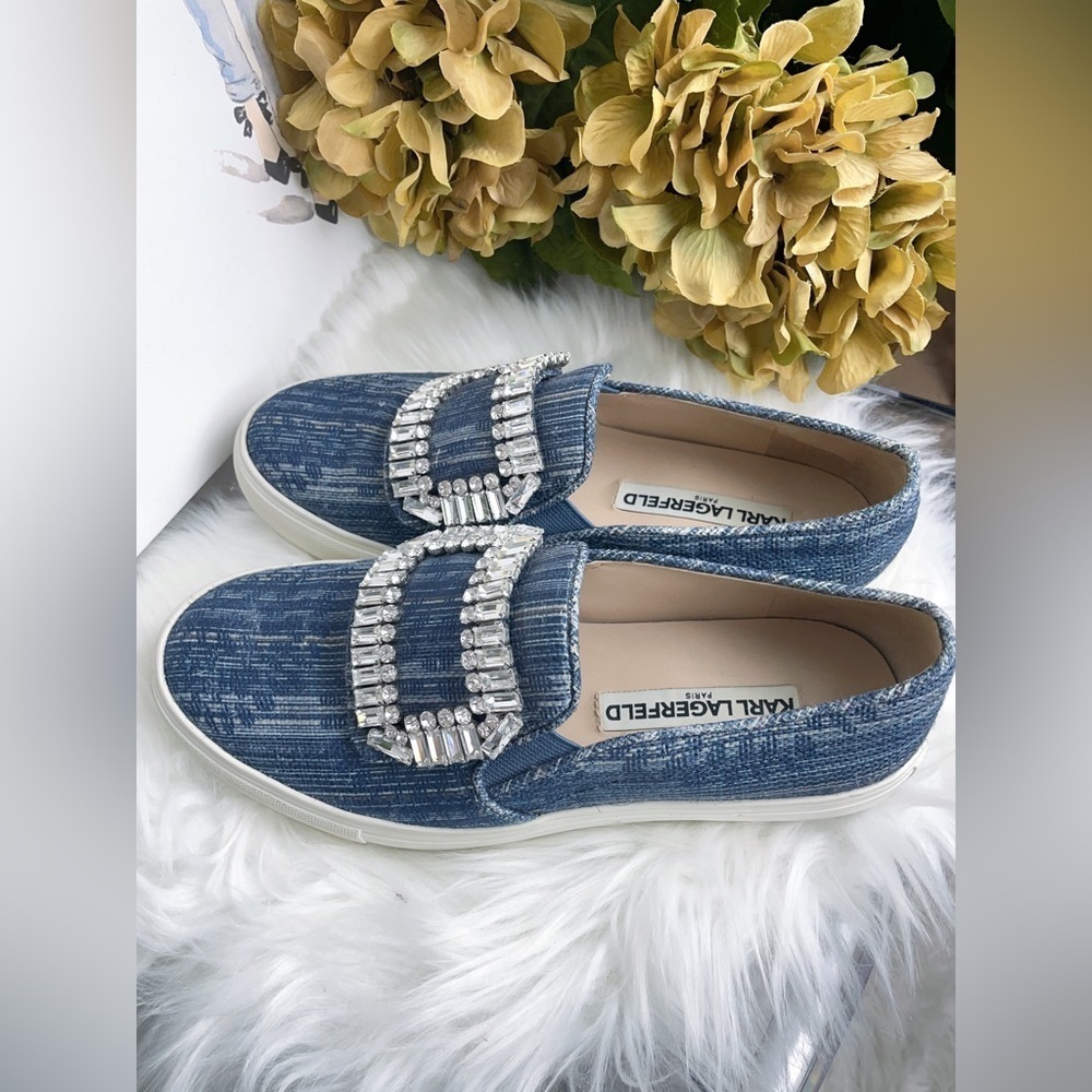 Karl Lagerfeld Navy Denim Slip on Shoes with Diamond Buckle Size 6/36 - Picture 3 of 8